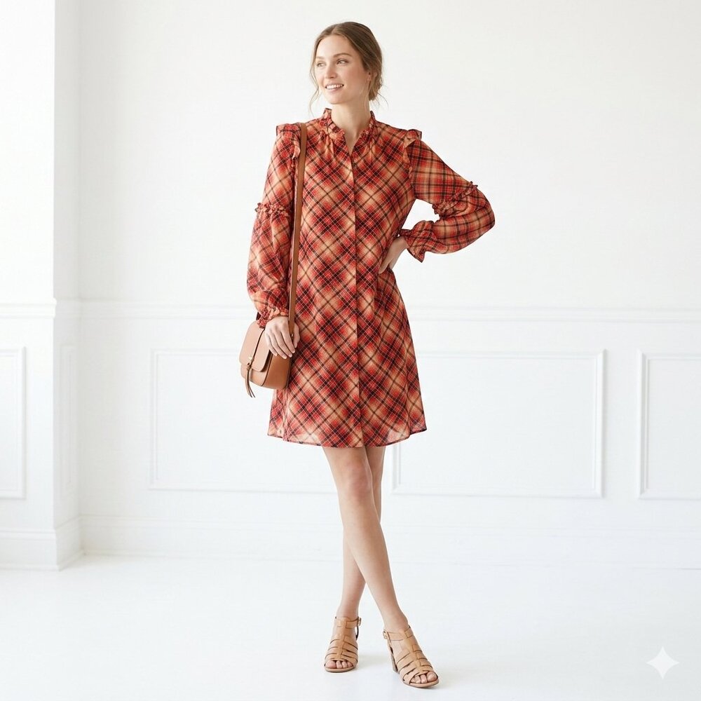 NWT Tommy Hilfiger Women Plaid Ruffled Chiffon Shift Dress 12 Red Orange